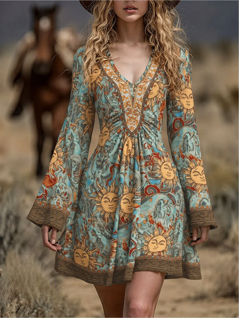 Robe à col V et manches évasées imprimé soleil céleste années 1970 - 6