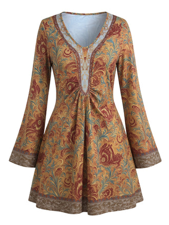 Robe à col V et manches évasées imprimé soleil céleste années 1970 - 7