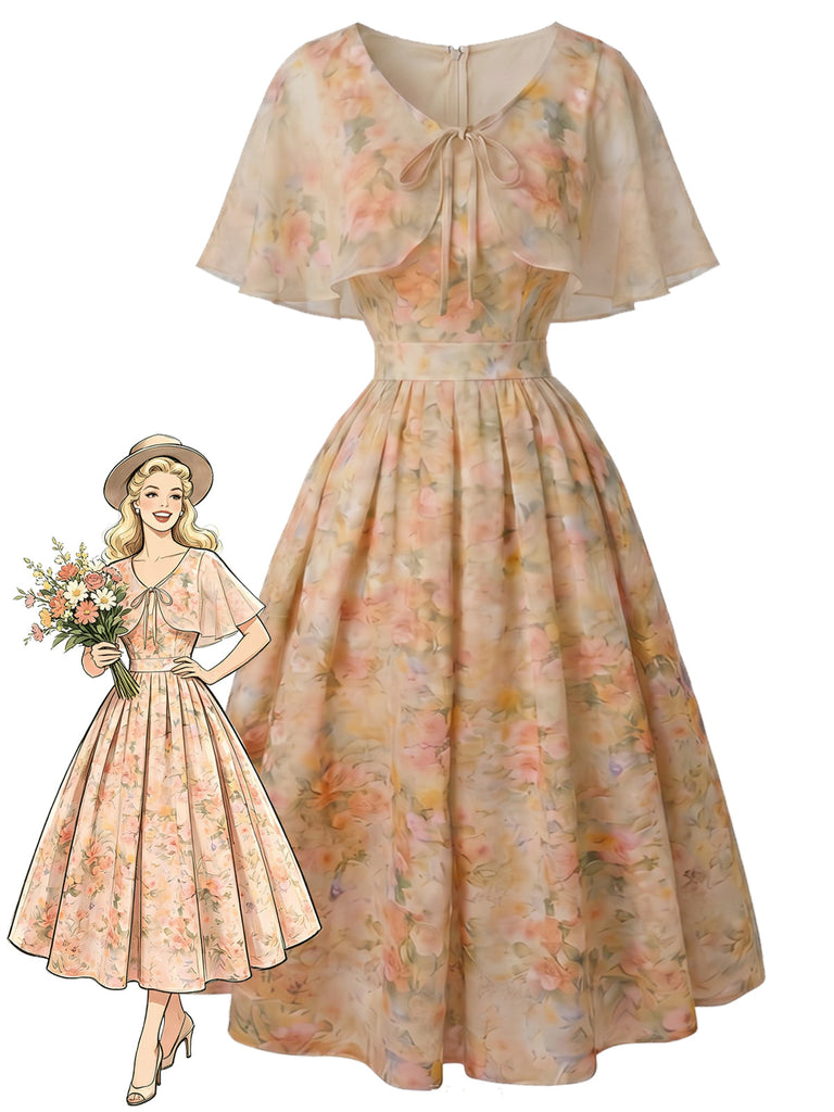 [Prévente] Robe à imprimé floral avec capelet et ceinture années 1950 - 1