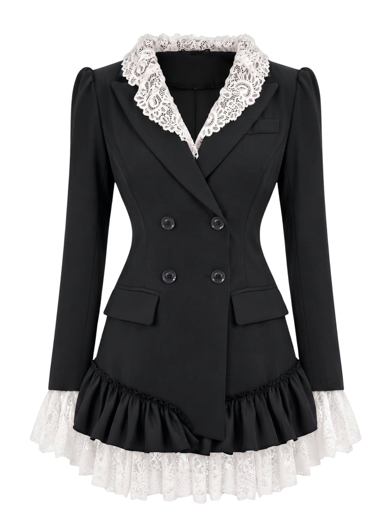 Robe blazer à col à revers en dentelle et ourlet volanté années 1960 - 1