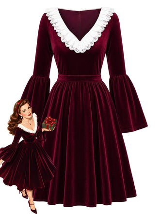 [Prévente] Robe bordeaux en velours à manches évasées Années 1950 - 1