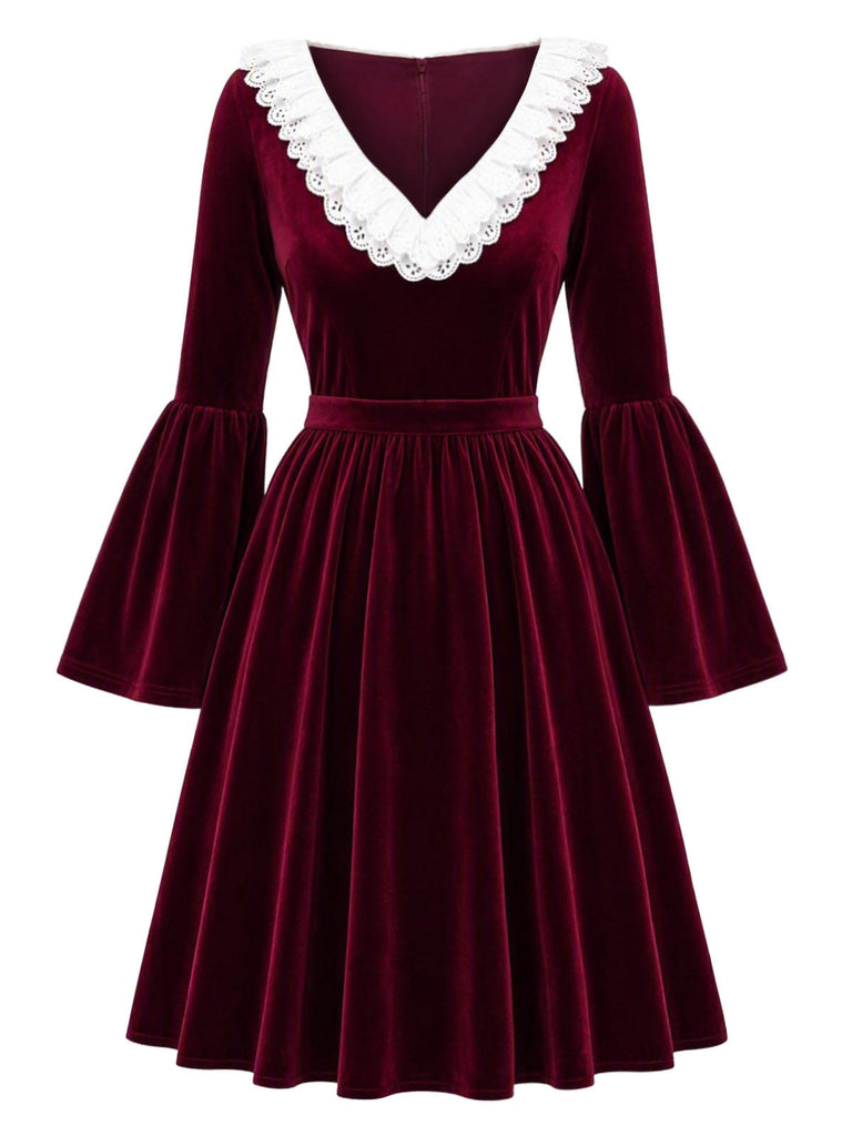 [Prévente] Robe bordeaux en velours à manches évasées Années 1950 - 2