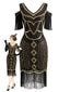 Robe épaules dénudées sequins et franges années 1920