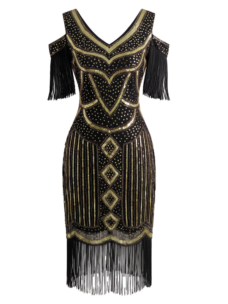 Robe Charleston à épaules dénudées, sequins et franges Années 1920 - 2