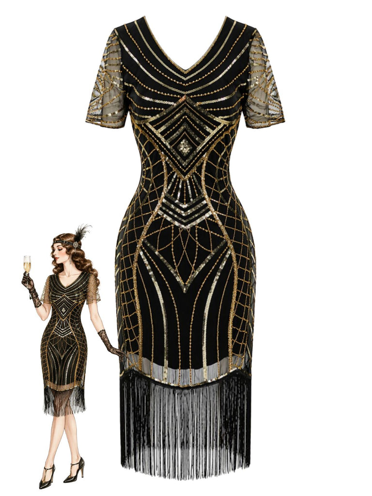 Robe charleston Art déco à sequins, col V, manches transparentes et franges années 1920 - 1