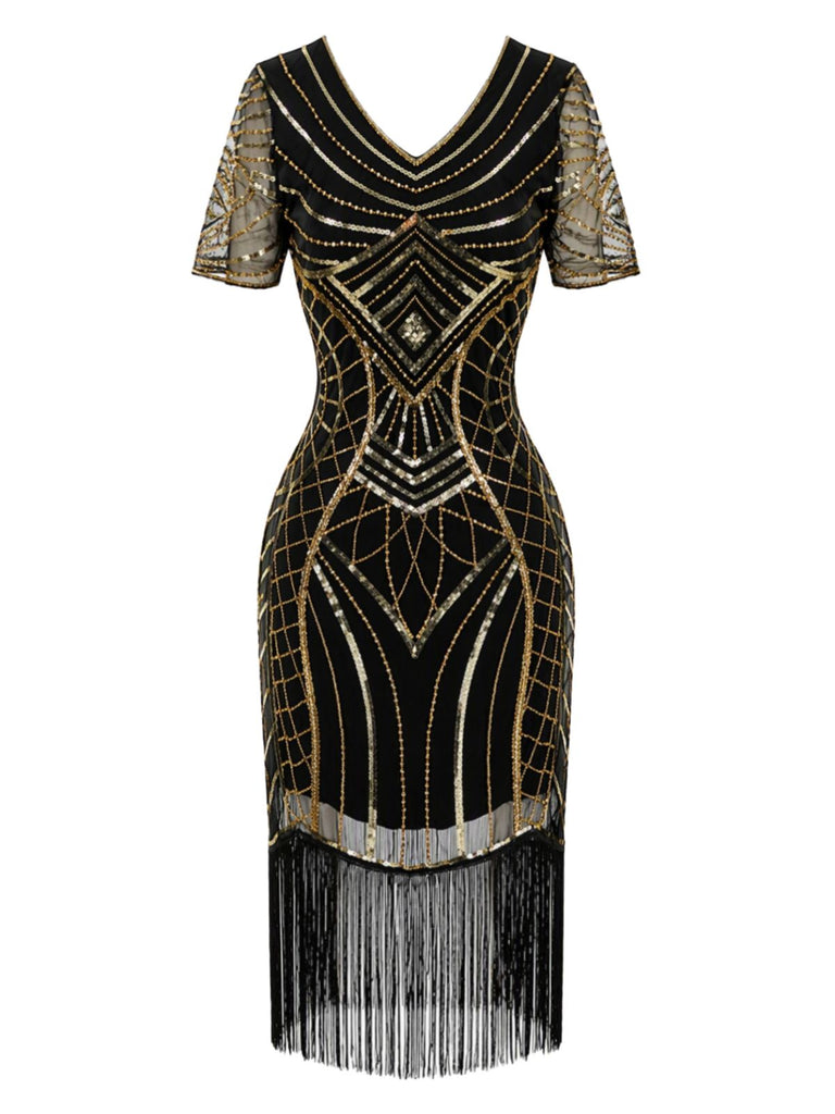 Robe charleston Art déco à sequins, col V, manches transparentes et franges années 1920 - 3