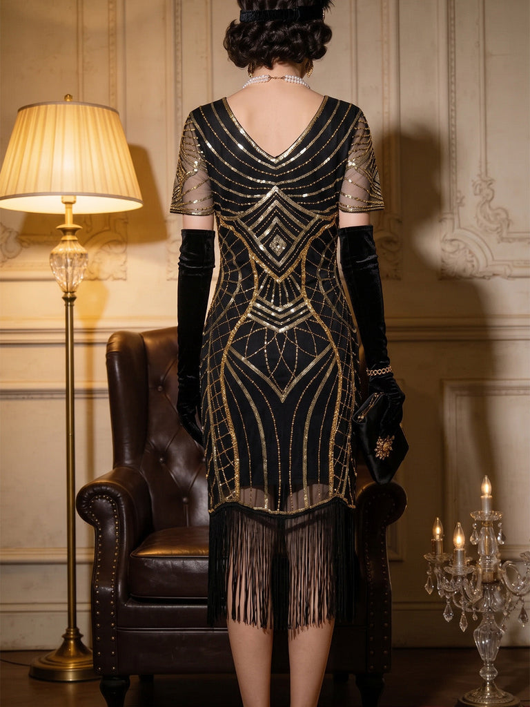 Robe charleston Art déco à sequins, col V, manches transparentes et franges années 1920 - 4