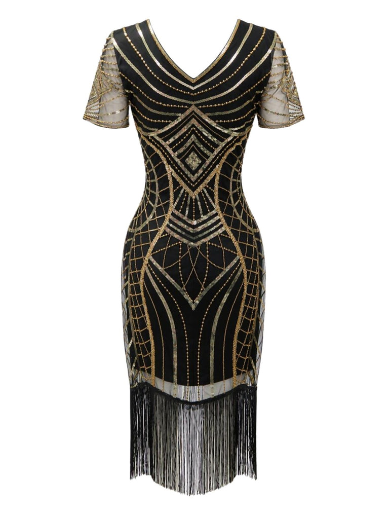 Robe charleston Art déco à sequins, col V, manches transparentes et franges années 1920 - 5