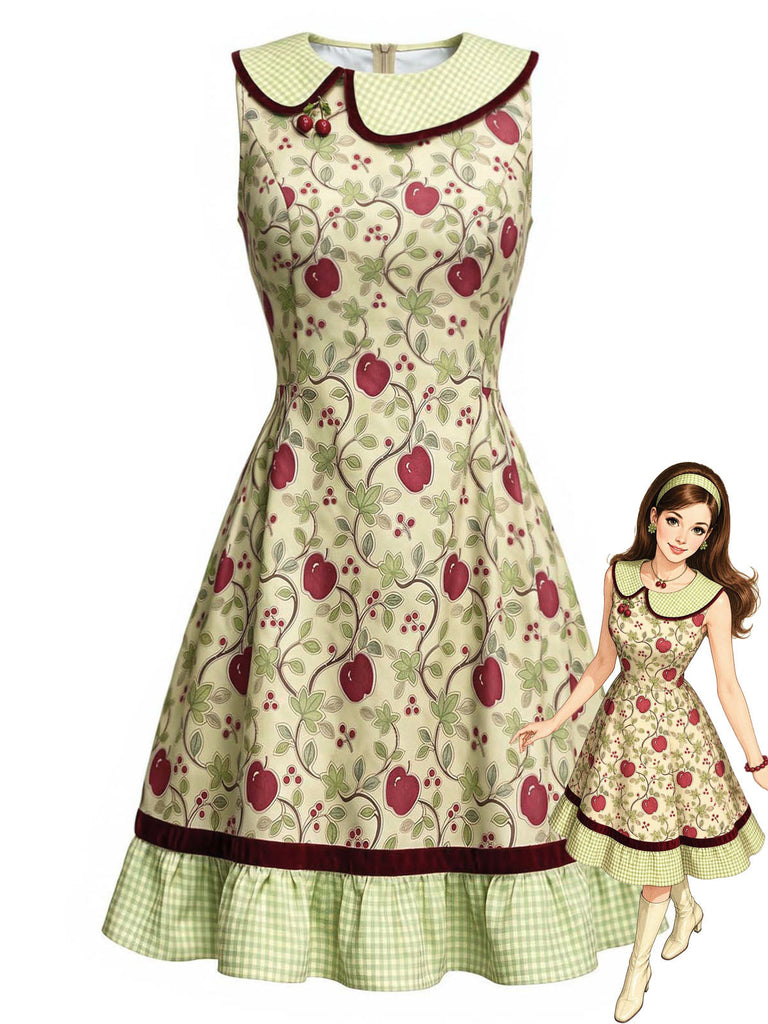 [Prévente] Robe Chartreuse à Carreaux et Cerises Rouges avec Ourlet Plissé Années 1960 - 1