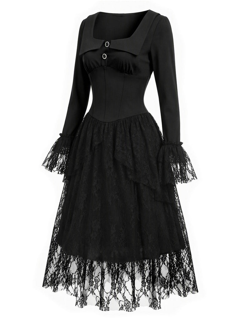 [Prévente] Robe corset noire gothique victorienne à dentelle et volants Années 1970 - 4