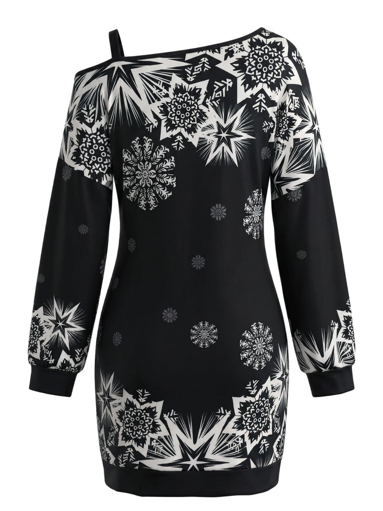 Robe courte de Noël à imprimé flocons et épaule asymétrique Années 1960 - 8