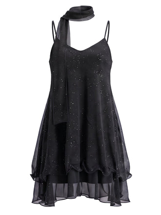 Robe courte en tulle scintillant à volants et foulard assorti Années 1970 - 5