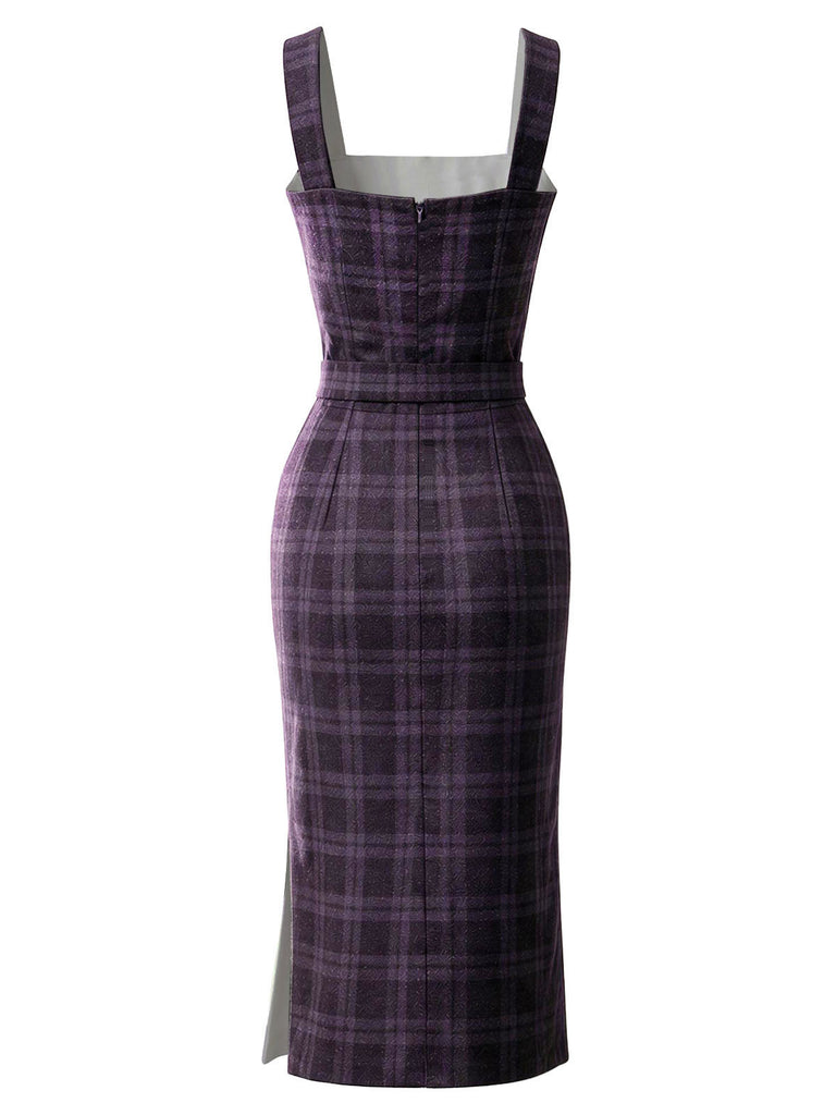 [Prévente] Robe crayon violet foncé à carreaux, col carré et ceinture années 1960 - 2