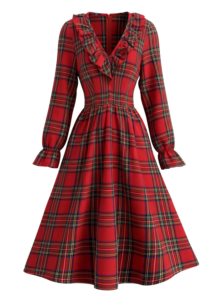 Robe de Noël à Carreaux, Col à Volants et Manches Longues Années 1950 - 1