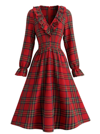 Robe de Noël à Carreaux, Col à Volants et Manches Longues Années 1950 - 1