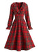 Robe de Noël à Carreaux, Col à Volants et Manches Longues Années 1950 - 1