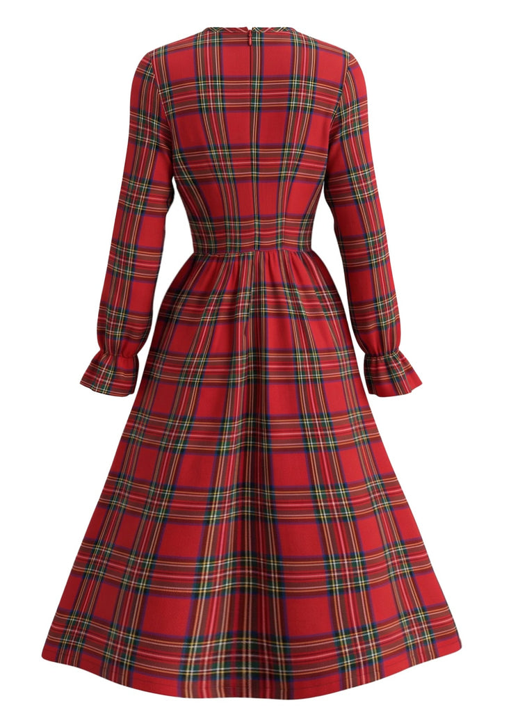 Robe de Noël à Carreaux, Col à Volants et Manches Longues Années 1950 - 2