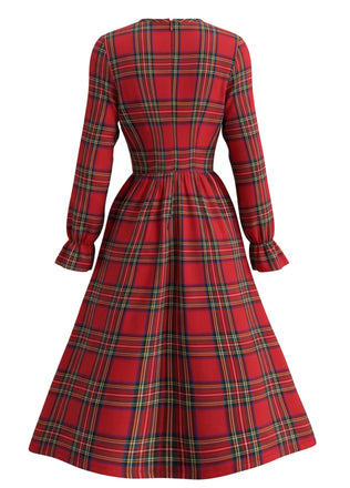 Robe de Noël à Carreaux, Col à Volants et Manches Longues Années 1950 - 2