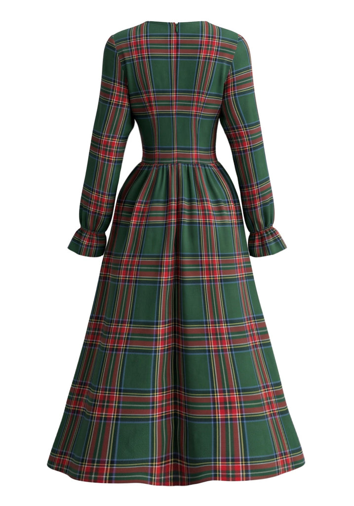 Robe de Noël à Carreaux, Col à Volants et Manches Longues Années 1950 - 4