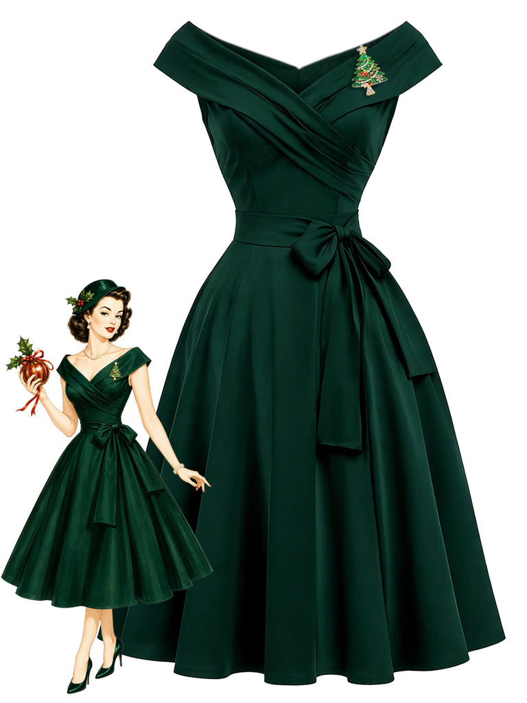 [Prévente] Robe de Noël à Épaules Dénudées et Broche Sapin Années 1950 - 1