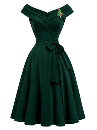 [Prévente] Robe de Noël à Épaules Dénudées et Broche Sapin Années 1950 - 2