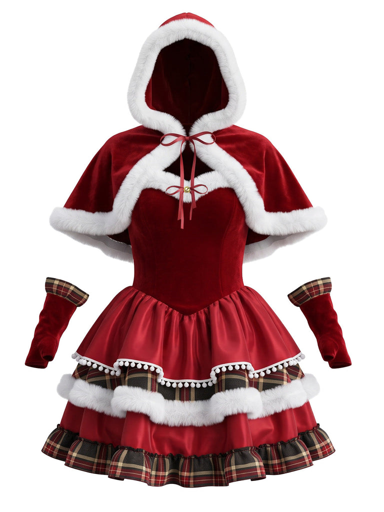 Robe de Noël à étages en velours à carreaux et cape à capuche Années 1950 - 1