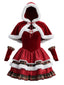 Robe étages velours motif écossais accompagnée d'une cape capuche Noël années 1950