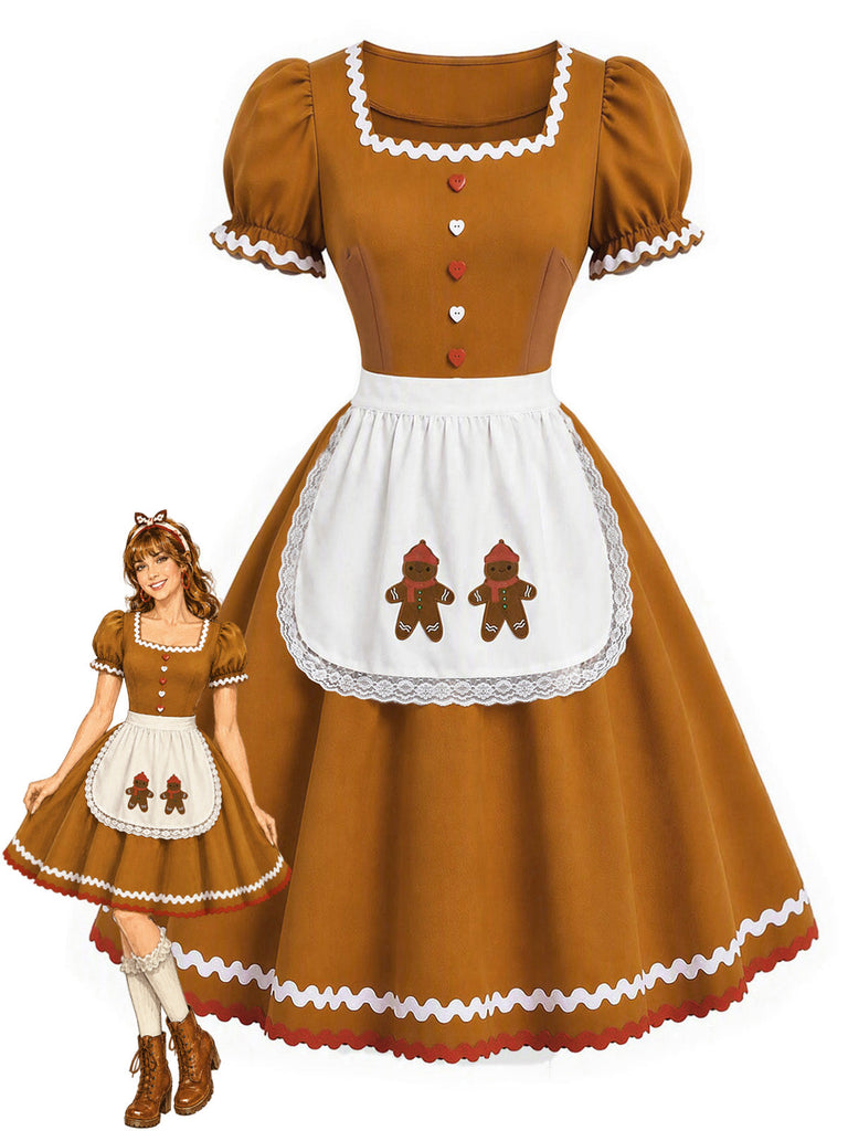 [Prévente] Robe de Noël marron clair bonhomme en pain d’épices avec tablier années 1950 - 1