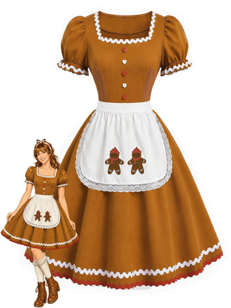 [Prévente] Robe de Noël marron clair bonhomme en pain d’épices avec tablier années 1950 - 1