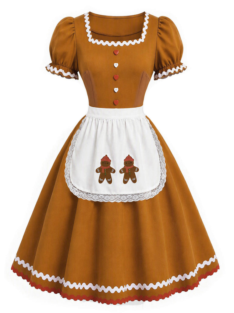 [Prévente] Robe de Noël marron clair bonhomme en pain d’épices avec tablier années 1950 - 2