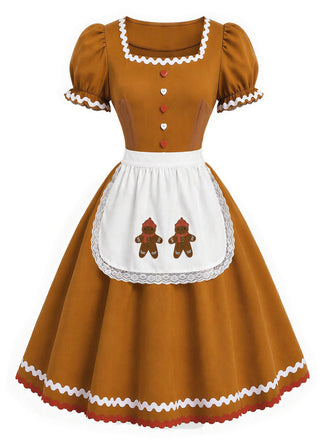 [Prévente] Robe de Noël marron clair bonhomme en pain d’épices avec tablier années 1950 - 2