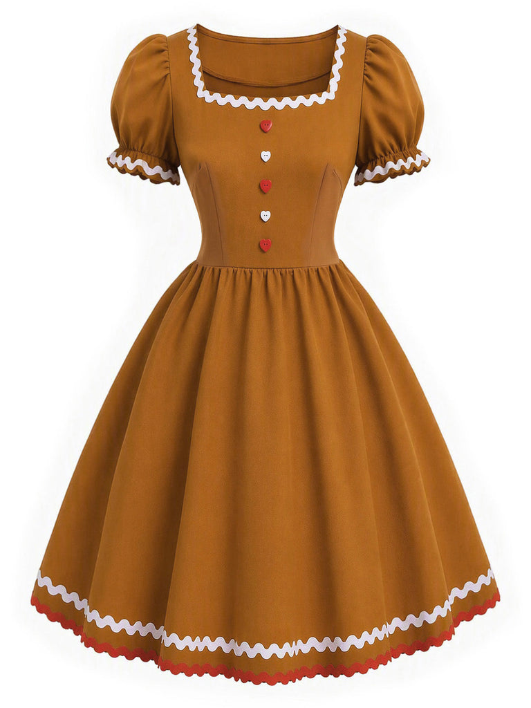 [Prévente] Robe de Noël marron clair bonhomme en pain d’épices avec tablier années 1950 - 5