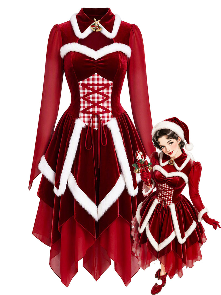 [Prévente] Robe de Noël rouge en velours à laçage et ourlet en pointes années 1950 - 1