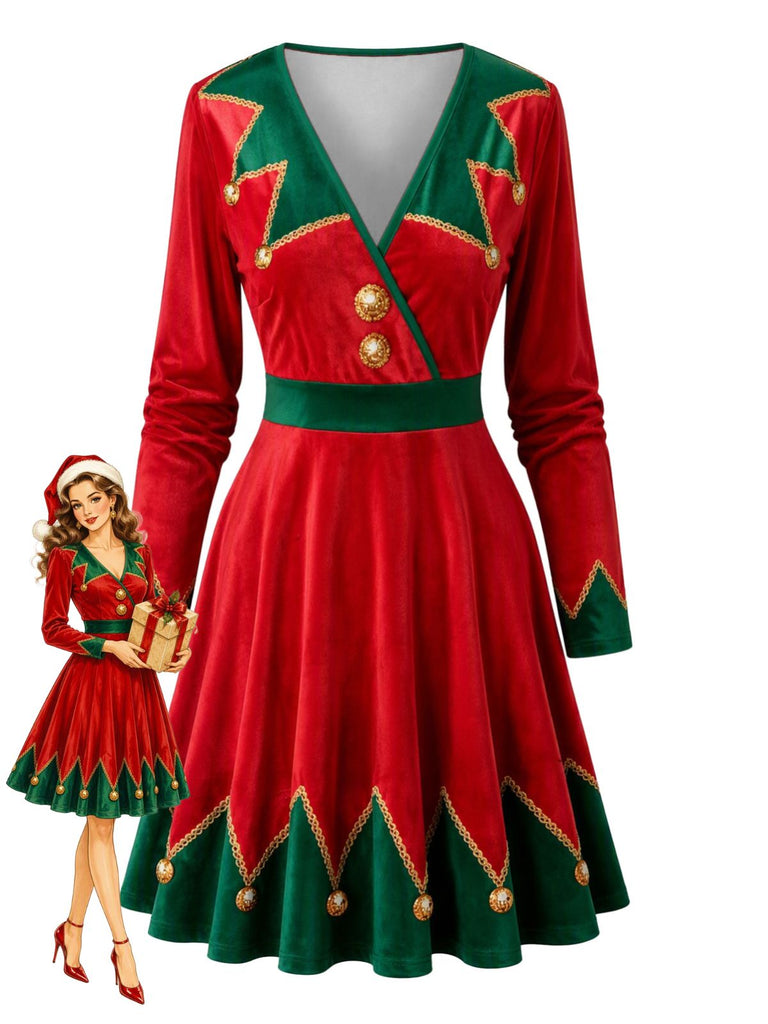 Robe de Noël rouge et verte imprimée à col V années 1950 - 1