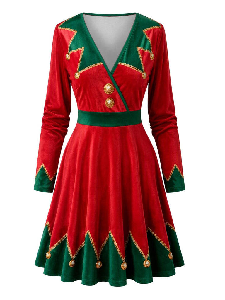 Robe de Noël rouge et verte imprimée à col V années 1950 - 2