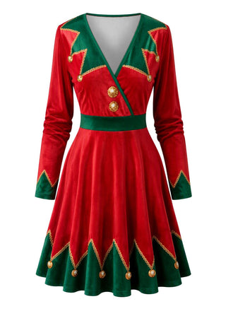 Robe de Noël rouge et verte imprimée à col V années 1950 - 2
