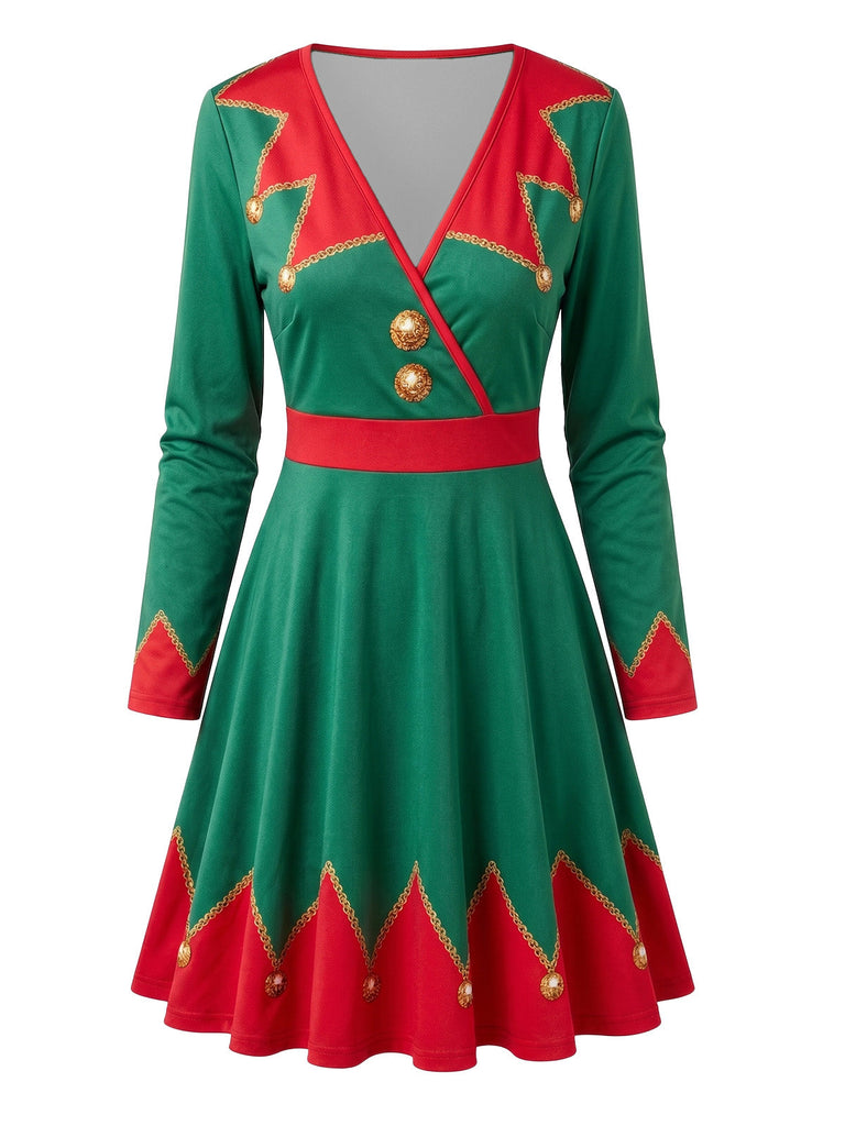 Robe de Noël rouge et verte imprimée à col V années 1950 - 4