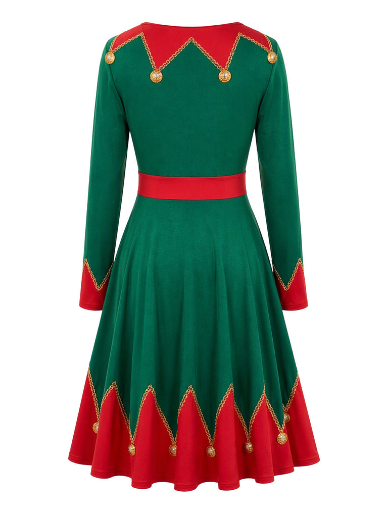 Robe de Noël rouge et verte imprimée à col V années 1950 - 5