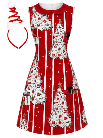 [Prévente] Robe de Noël Rouge Foncé Rayée à Col Claudine Années 1960 - 2