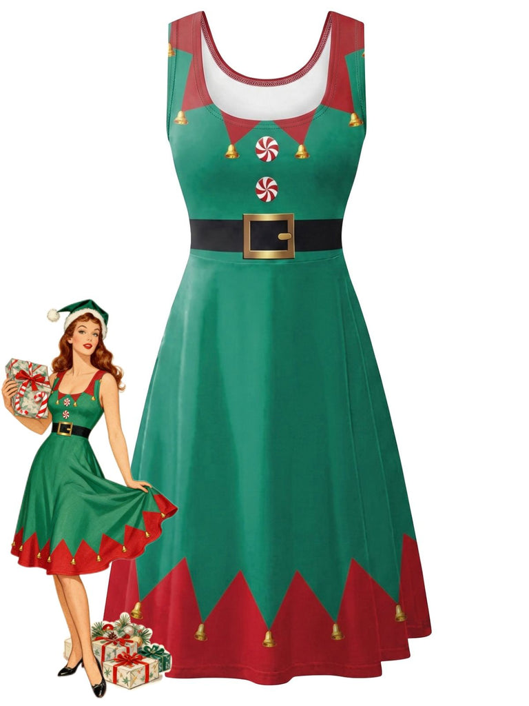 Robe de Noël Verte et Rouge Sans Manches à Imprimé Festif Années 1950 - 1