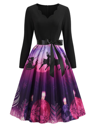 Robe de Noël Violet Vif à Motif Renne et Encolure Festonnée Années 1950 - 1