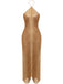 Robe de soirée longue dorée à franges, col dos-nu et fente au dos Années 1930 - 1