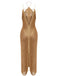 Robe de soirée longue dorée à franges, col dos-nu et fente au dos Années 1930 - 2