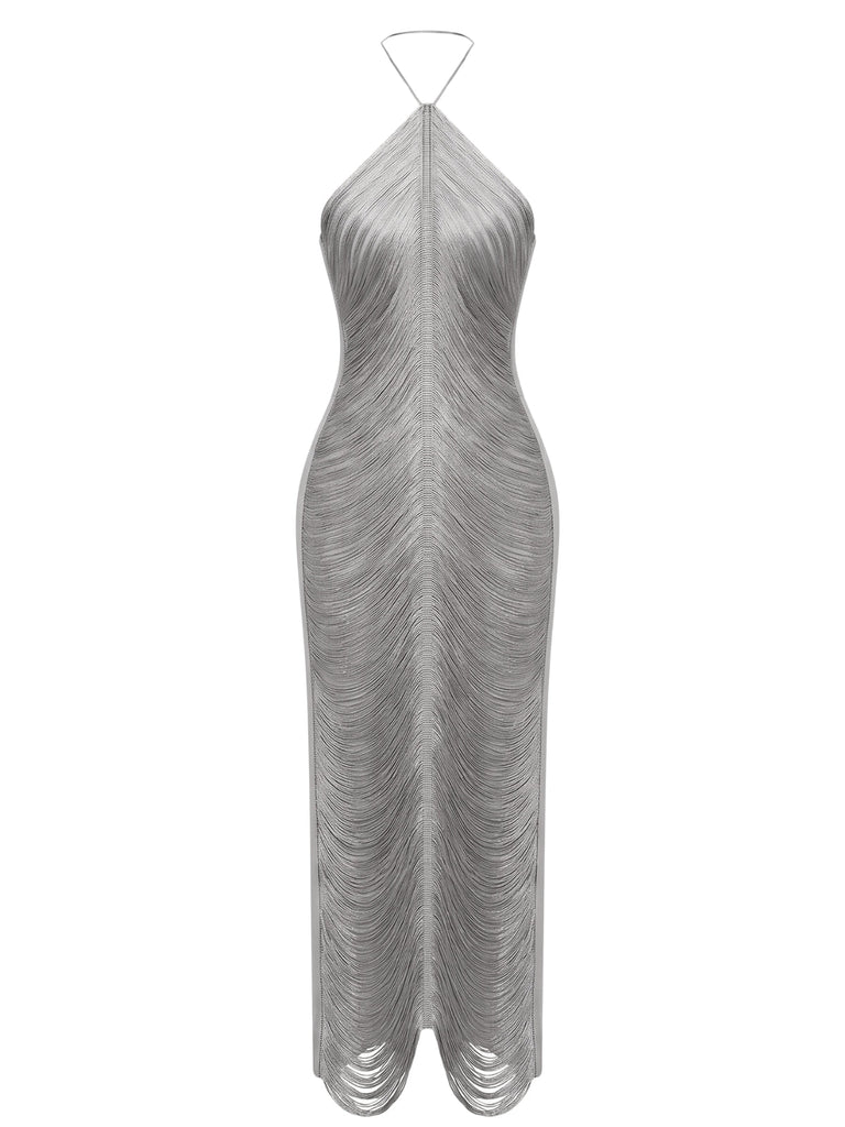 Robe de soirée longue dorée à franges, col dos-nu et fente au dos Années 1930 - 8