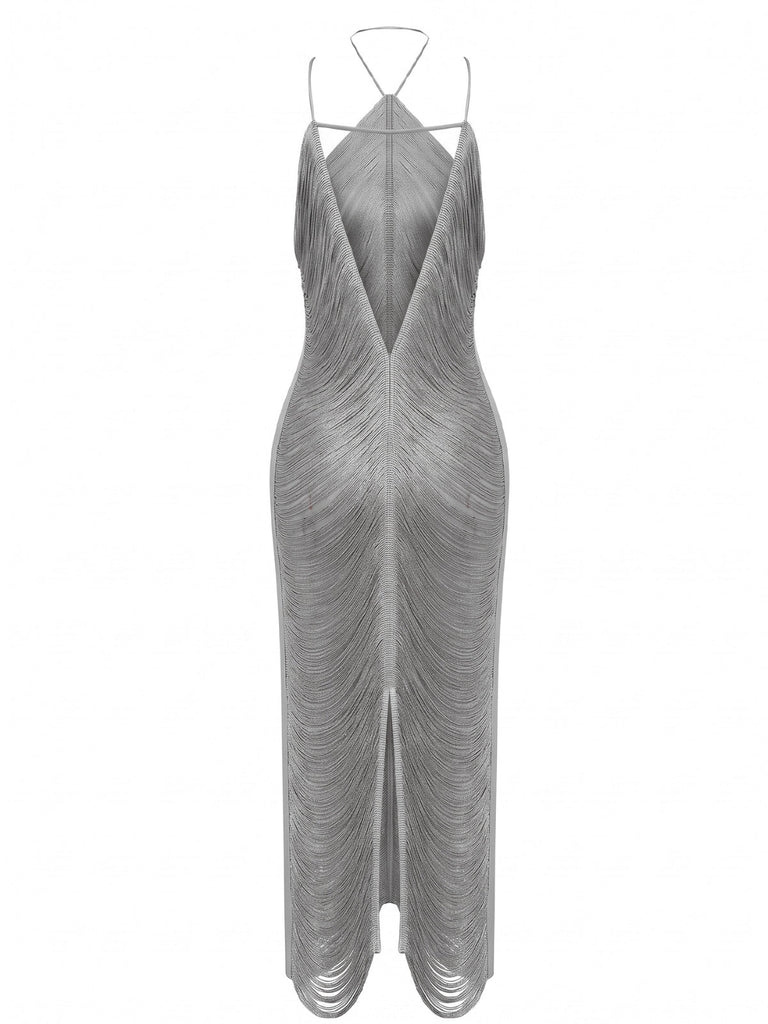 Robe de soirée longue dorée à franges, col dos-nu et fente au dos Années 1930 - 9