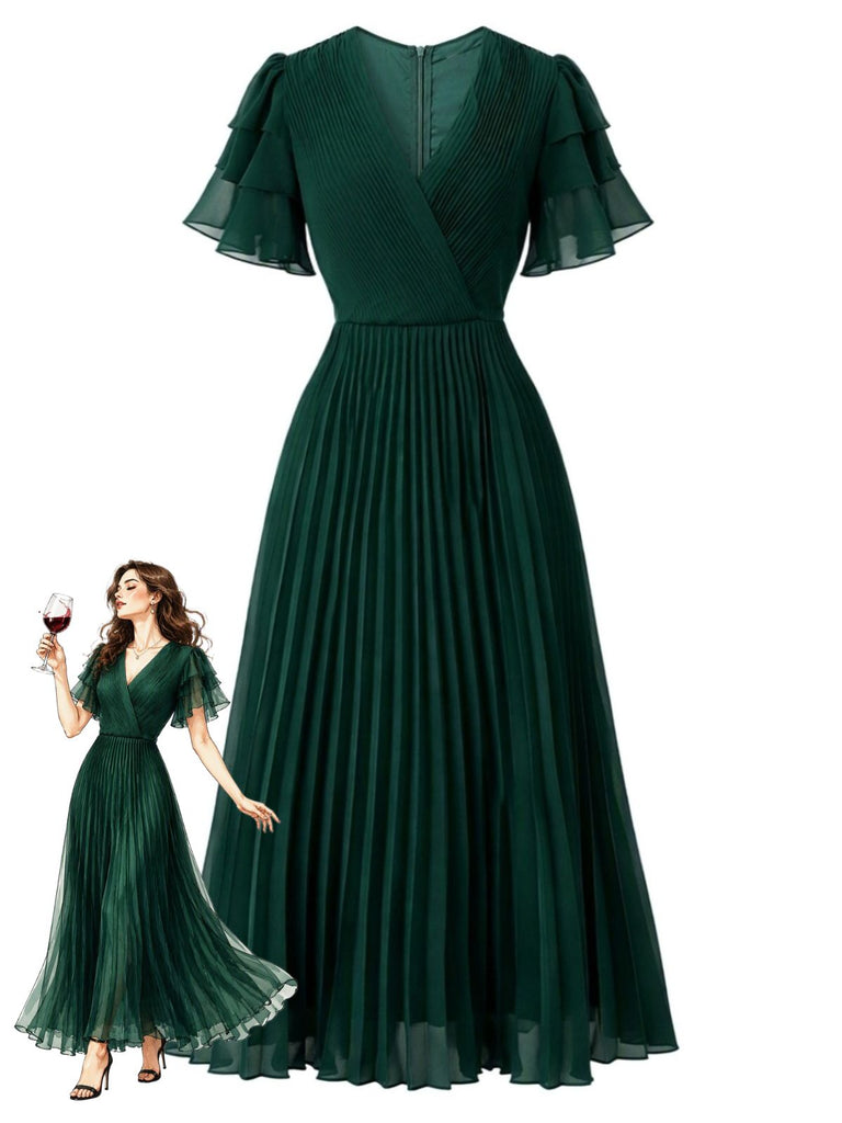 Robe de Soirée Longue Plissée à Manches à Volants Étagés Années 1970 - 1
