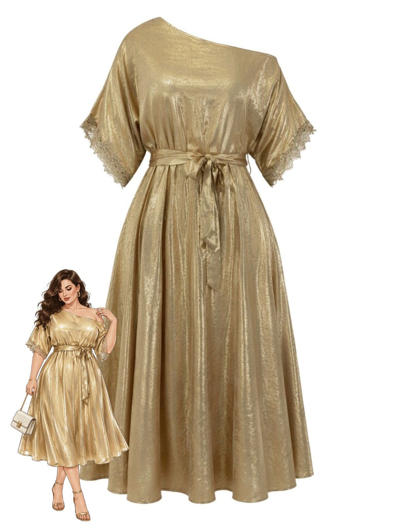 [Grande Taille] Robe Dorée à Découpes aux Épaules et Empiècements en Dentelle Années 1950 - 1