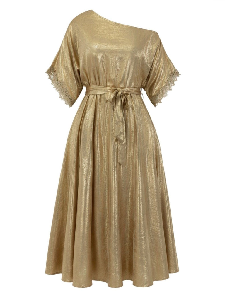 [Grande Taille] Robe Dorée à Découpes aux Épaules et Empiècements en Dentelle Années 1950 - 2