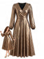 [Grande Taille] Robe dorée tissu métallisé col V et manches ballon années 1970
