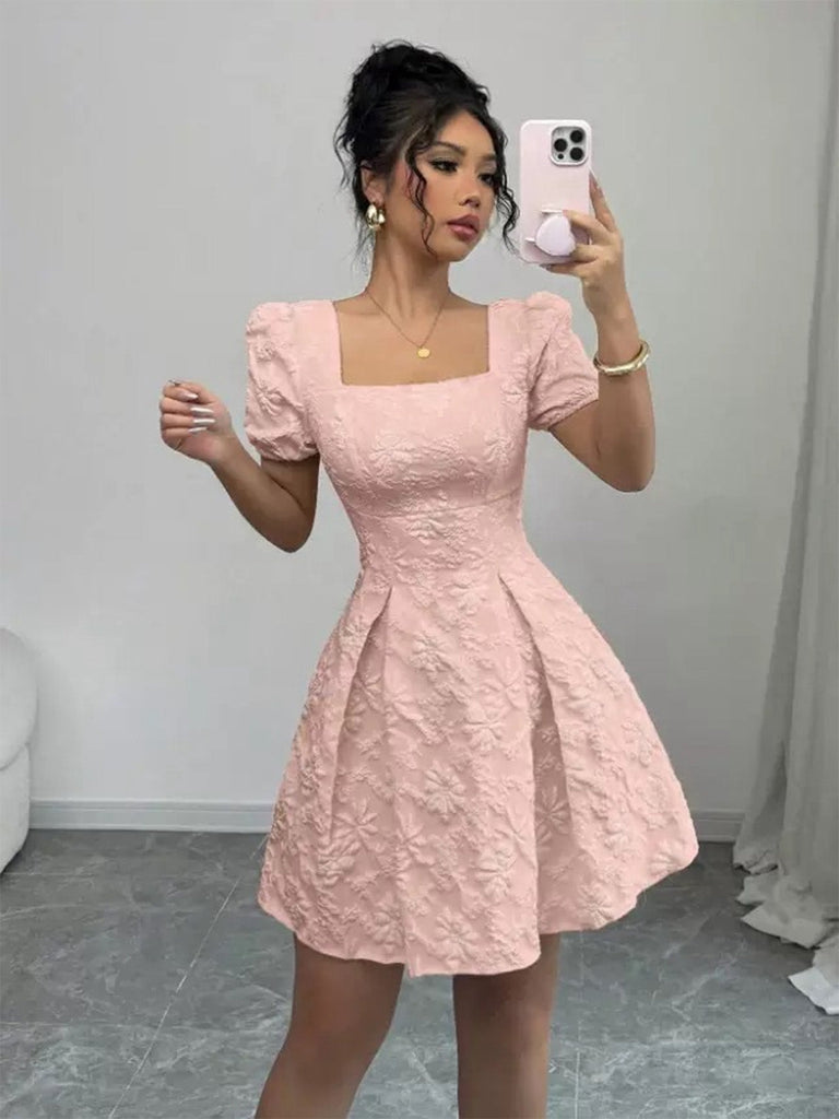 Robe en jacquard floral à col carré et manches bouffantes années 1960 - 3